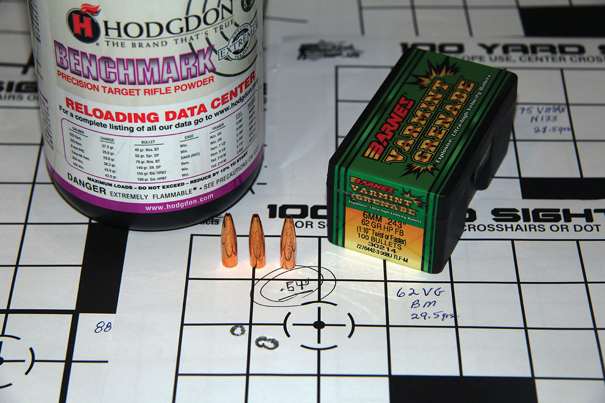 By far, the tightest group produced by the 62-grain Barnes Varmint Grenade from the Carbon Elevate involved 29.5 grains of Hodgdon Benchmark, that group measured .54 inch and was sent at 3,185 fps.
